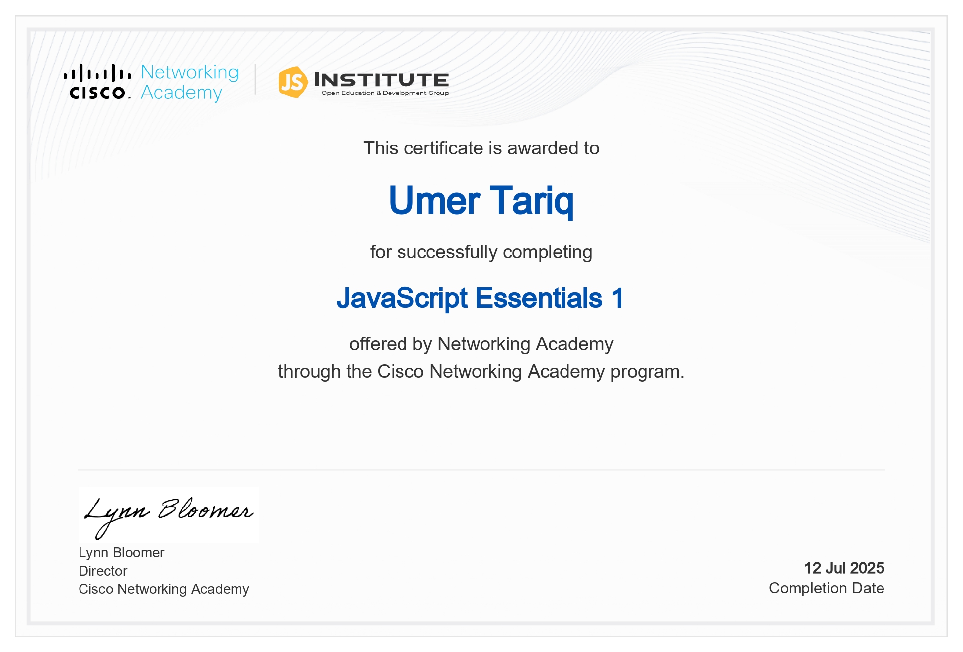JavaScript Essentials certificate